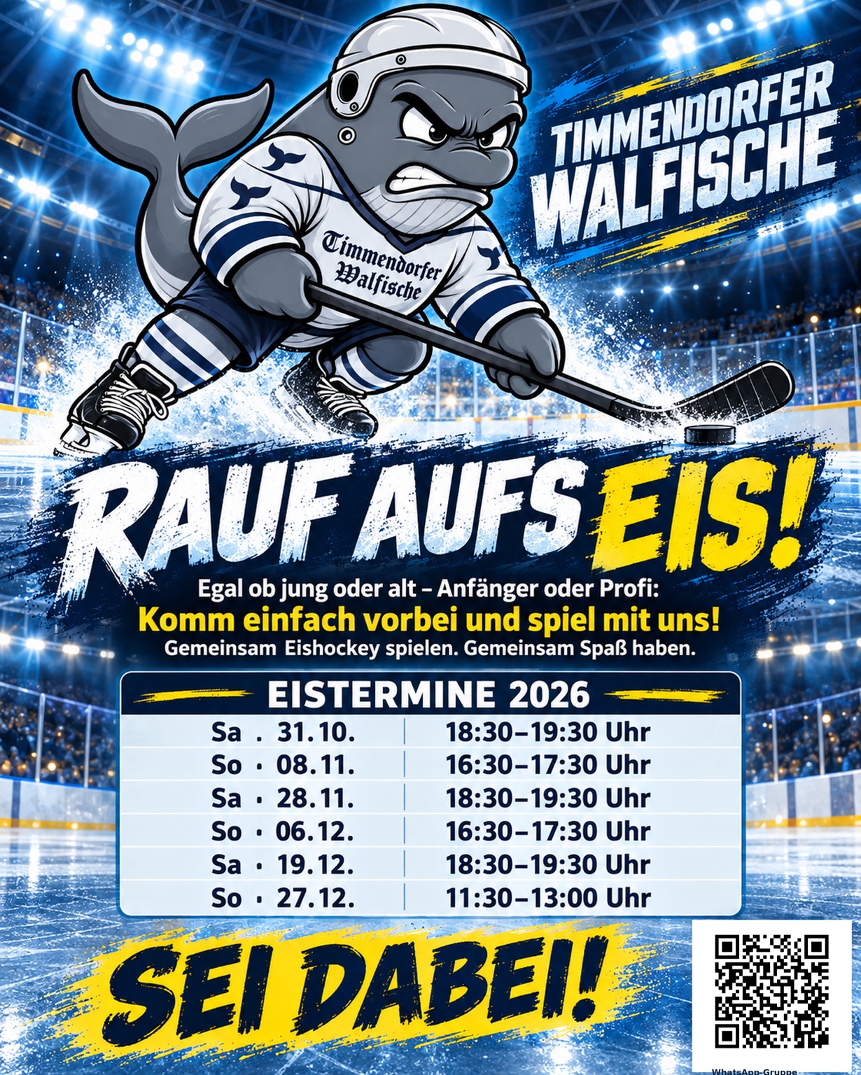 Timmendorfer Walfische: Rauf aufs Eis! Flyer mit Eisterminen von Oktober bis Dezember 2026