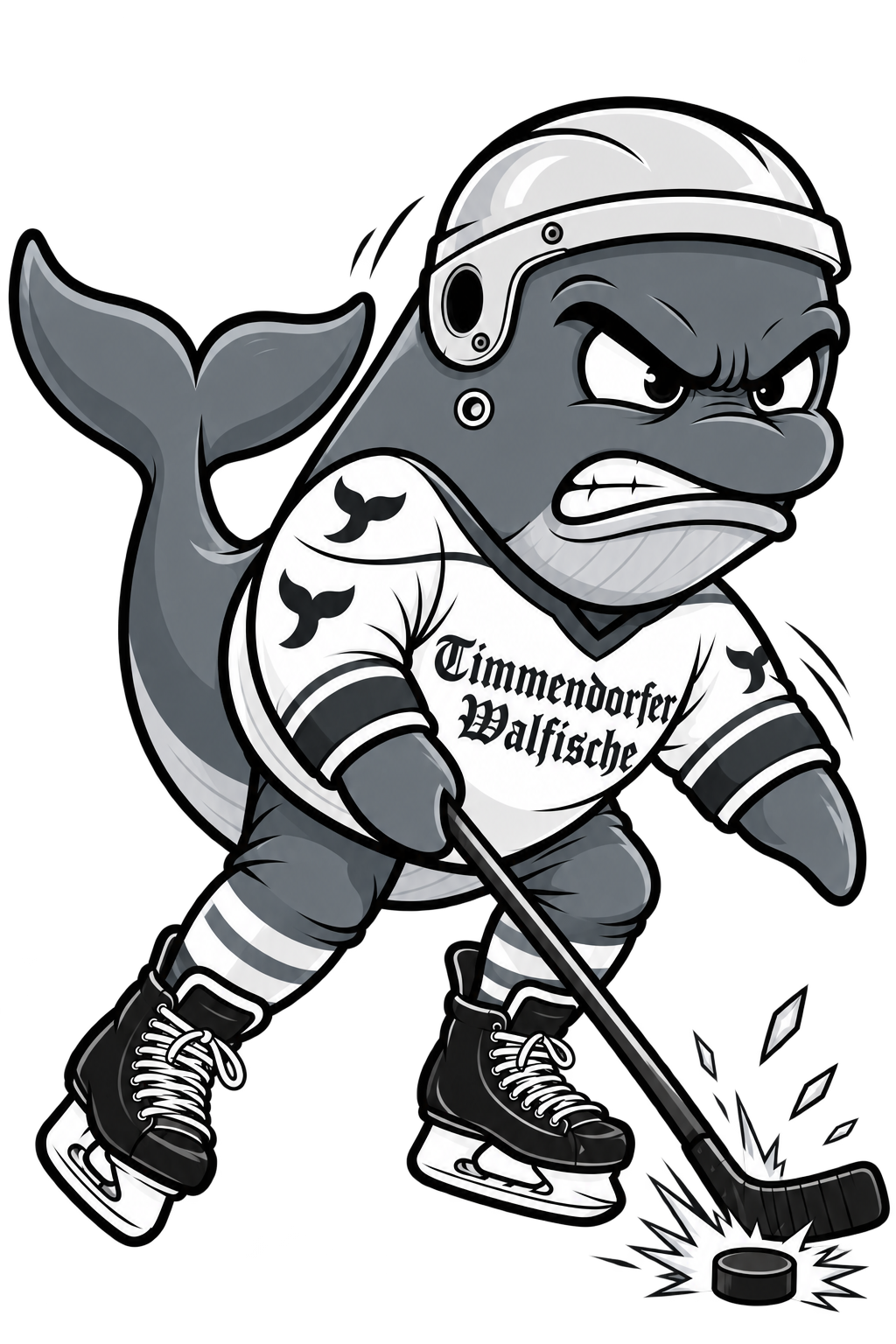 Das Wal-Maskottchen der Timmendorfer Walfische mit Helm, Schlittschuhen und Schläger